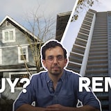 CBC's Nael Shiab, with buildings and houses in backround. 