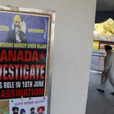A sign asking for an investigation on India's role in the killing of Sikh leader Hardeep Singh Nijjar is seen at the Guru Nanak Sikh Gurdwara temple, in Surrey, B.C., on Thursday. (Chris Helgren/Reuters)