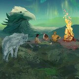 Image montrant un loup et des personnes devant un feu avec des aurores boréales dans le ciel.