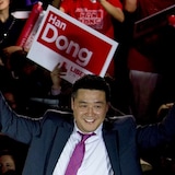 Han Dong celebrates with supporters while taking part in a rally in Toronto on Thursday, May 22, 2014. The former MPP and current MP is denying a report that alleges China helped him win a 2019 Liberal candidate nomination contest. (Nathan Denette/The Canadian Press)