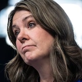 Alberta Premier Danielle Smith listens during an April news conference. Smith was in Lloydminster Wednesday as her Alberta Next Panel continues to tour the province. 