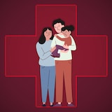 Une famille migrante affiche une moue triste.