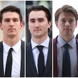 Dillon Dubé, Cal Foote, Alex Formenton, Carter Hart and Michael McLeod, former world junior hockey teammates, are on trial in London, Ont. (Nicole Osborne/CP, Nicole Osborne/CP, Nicole Osborne/CP, Brett Gundlock/Reuters, Nicole Osborne/CP)