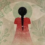 Une illustration d'une femme de dos, avec une robe rouge et un oeil centré sur sa tête.