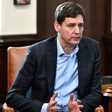 British Columbia Premier David Eby speaks during a meeting with Prime Minister Justin Trudeau, not shown, in Trudeau's office on Parliament Hill in Ottawa on Monday, Sept. 25, 2023. (Justin Tang/The Canadian Press)