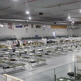 Plusieurs lits de camp installés dans un aréna.