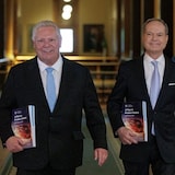 'This historic change to labour mobility will not only make it faster and easier for workers across Canada to come and begin working in our province, but it will also help us secure more of the valuable home-grown talent that our country needs to deliver on the nation-building projects that will make us the most competitive economy in the G7,' said Finance Minister Peter Bethlenfalvy (right), pictured at Queen's Park with Premier Doug Ford (left), in a news release Monday. 