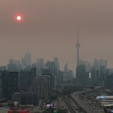 Skyline of Toronto under a thick haze of smoke.