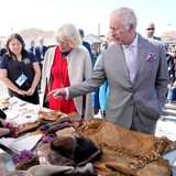 Le prince Charles (à droite) et Camilla, duchesse de Cornouailles (à gauche) regardent des objets traditionnels des Dénés exposés sur une table à Dettah, près de Yellowknife, le jeudi 19 mai 2022.