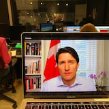 Chris Hall, CBC's national affairs editor and host of The House on CBC Radio, virtually interviews Prime Minister Justin Trudeau from his home at Rideau Cottage in Ottawa on Monday, June 20. (Philip Ling/CBC)