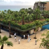 Forensic technicians and hotel employees stand near a scene where two Canadians were killed and a third wounded in a shooting at Hotel Xcaret in Mexico's Quintana Roo state on Friday.