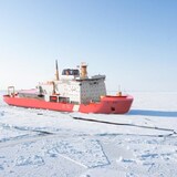 An icebreaker in the sea ice. 