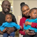 From left, Shadrach and Faith Igogo with their five-month-old Viktor and two-year-old Ivan. The Igogo family spent months trying to get from Ukraine to Fredericton, sometimes separated from each other. Now, they are finally in their new apartment, united again. (Jeanne Armstrong/CBC)