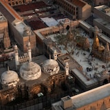 An aerial view shows Gyanvapi mosque, left, and Kashiviswanath temple on the banks of the river Ganges in Varanasi, India, in 2021.