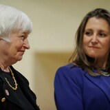 Deputy Prime Minister and Finance Minister Chrystia Freeland, right, and U.S. Treasury Secretary Janet Yellen discussed the seizure of Russian assets when Yellen visited Toronto on June 20. (Evan Mitsui/CBC)