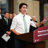 Justin Trudeau, en chemise blanche aux manches retroussées et cravate verte, parle au lutrin pendant que des députés sont debout derrière.