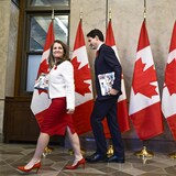 Chrystia Freeland (left) with PM Justin Trudeau, is expected to unveil the 2023 federal budget on Tuesday.
