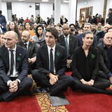 Health Minister Jean-Yves Duclos, Prime Minister Justin Trudeau, Quebec Deputy premier and Transport Minister Genevieve Guilbault and Quebec Minister Responsible for Infrastructure Jonathan Julien attend a ceremony marking the sixth anniversary of the deadly mosque shooting on Sunday, January 29, 2023 at the mosque in Quebec City. 