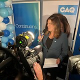 Kateri Champagne Jourdain, the first elected Innu MNA, speaks to reporters following her victory in the Quebec North Shore riding of Duplessis Monday night.