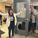 Leah Gazan celebrates her victory in Winnipeg Centre in the April 28, 2025 federal election.