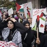 لقطة من التظاهرات الطلابية التي جرت امس في مونترايل تضامناً مع الفلسطينيين.