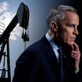 Montage d'une photo de pompe à pétrole avec une image de Mark Carney.