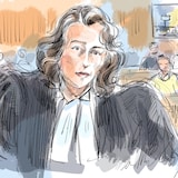 Un croquis de Megan Savard dans la salle d'audience du tribunal.