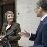 Minister of Foreign Affairs Mélanie Joly, left, addresses a joint media conference with Ukrainian Minister of Foreign Affairs Dmytro Kuleba in Kyiv on Friday.