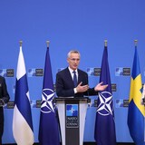 Finnish Foreign Minister Pekka Haavisto, NATO Secretary General Jens Stoltenberg and Swedish Minister for Foreign Affairs Anne Linde give a news conference after the signing of the accession protocols of Finland and Sweden at the NATO headquarters in Brussels on Tuesday. 