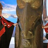 Sim’oogit Ni’isjoohl (Chief Earl Stephens) and Noxs Ts’aawit (Dr. Amy Parent) stand with the Ni'isjoohl memorial pole in the National Museum of Scotland on Aug. 22, 2022. (Neil Hanna/National Museums Scotland)