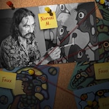 Un photomontage d'une photo de Norval Morrisseau et de faux tableaux qui lui ont été attribués.