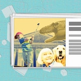 Un collage d'images d'une dame âgée, d'un chien, d'un dinosaure et d'un enfant qui tient un bâton de golf dans les mains