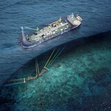 Dibujo de un barco con elementos técnicos que descienden al fondo del mar.