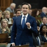 Conservative Leader Pierre Poilievre speaks to reporters as he leaves the Prime Minister's Office in the West Block after taking part in a meeting with Prime Minister Justin Trudeau and fellow opposition leaders on Parliament Hill in Ottawa on Tuesday.