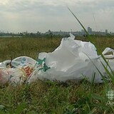 Gros plan sur des déchets dans des sacs de plastique sur un terrain vague.