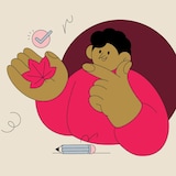Illustration d'une femme montrant une feuille d'érable dans sa main, un crayon placé devant elle.