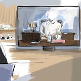Un croquis de la présumée victime qui est en train de témoigner par vidéoconférence