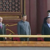 Front from left, Russian President Vladimir Putin, Chinese President Xi Jinping and North Korean leader Kim Jong Un attend a military parade to commemorate the 80th anniversary of Japan's World War II surrender in Beijing, China, Wednesday, Sept. 3, 2025. (Kyodo News via AP)