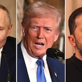 Russian President Vladimir Putin, U.S. President Donald Trump and Ukrainian President Volodymyr Zelenskyy, left to right. Trump was set to speak to the two leaders in separate phone calls Monday. 