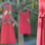 Des robes rouges sont suspendues aux arbres du parc Seaforth Peace à Vancouver pour souligner la Journée nationale d'action en faveur des femmes autochtones assassinées et disparues.