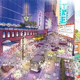 Un croquis de la vision de la Ville de Vancouver pour une rue Granville piétonnière.