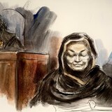 Tabinda Bukhari, right, mother of Madiha Salman, 44, one of the victims in the June 2021 truck attack, is shown in a court sketch, with Ontario Superior Court Justice Renee Pomerance, left, at the sentencing hearing for Nathaniel Veltman on Thursday. (Pam Davies/CBC)