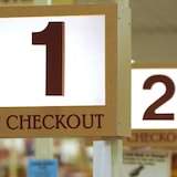 A row of self-checkout lines are seen at a supermarket in Manchester, Conn. Retailers in Canada and the U.S. have recently backed away from self-checkouts, amid a rise in theft and customer complaints.