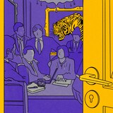 Illustration d'une réunion derrière une porte avec un portrait de tigre.