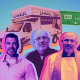 Photo montage of three men, road signs and a U-Haul truck.