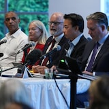 Vancouver mayoral candidates from left to right; Fred Harding, Colleen Hardwick, Mark Marissen, Ken Sim and Kennedy Stewart participate in a town hall hosted by the Centre for Israel and Jewish Affairs and S.U.C.C.E.S.S., in Vancouver, on Wednesday, September 7, 2022. General local elections are scheduled to be held in British Columbia municipalities on October 15. THE CANADIAN PRESS/Darryl Dyck