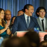 NDP Leader Wab Kinew delivers his victory speech on Tuesday as the New Democrats secured enough seats to form a majority government. (James Turner/CBC)