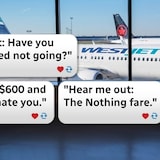 A graphic displays some of the online reaction to WestJet's new UltraBasic fare, announced Tuesday. The 'no-frills fare option' doesn't permit carry-on baggage and pre-assigns passengers who select it to seats at the back of the plane, among other limitations. Even then, an UltraBasic round-trip flight from Toronto to Calgary at the end of June costs around $650. 