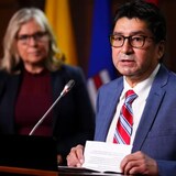 Wilfred King, chief of Kiashke Zaaging Anishinaabek (Gull Bay First Nation), speaking during a news conference in Ottawa, says they are filing a lawsuit against Canada for inequitable funding of their police service. (Sean Kilpatrick/The Canadian Press)