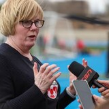 Canada's Minister of Sport and Physical Activity, Carla Qualtrough, speaks at Canada's practice session at the Women's World Cup in Melbourne, Australia, on July 30. Today, she revealed plans to announce a 'formal, independent mechanism' to review systemic abuse and human rights violations in Canadian sports. 